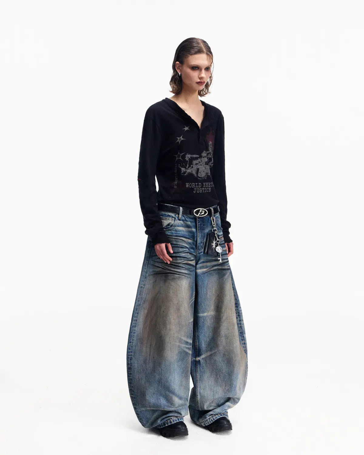 Washed Curved Jeans-BLUE