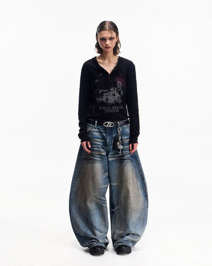 Washed Curved Jeans-BLUE