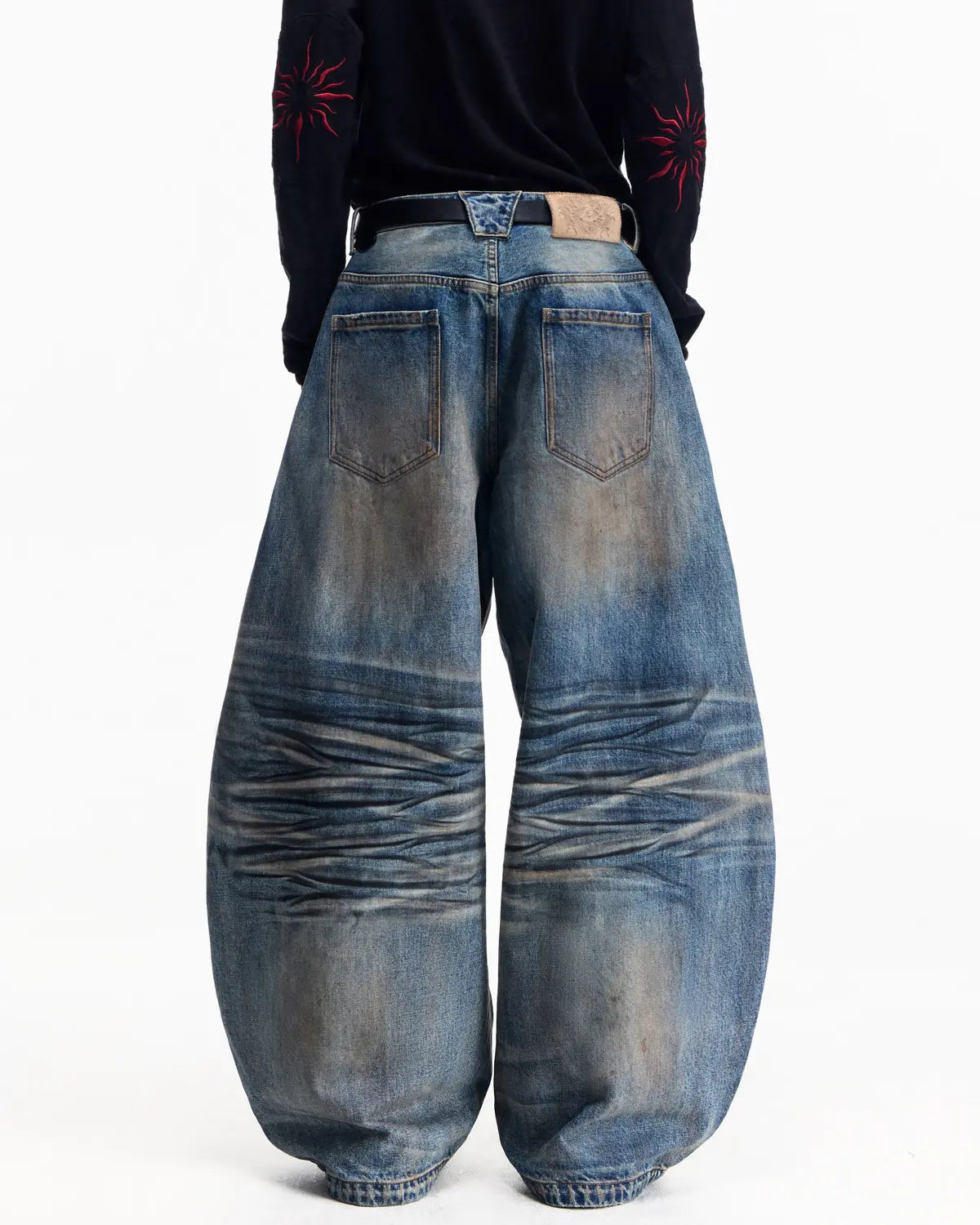 Washed Curved Jeans-BLUE