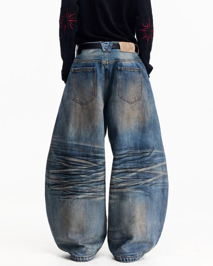Washed Curved Jeans-BLUE