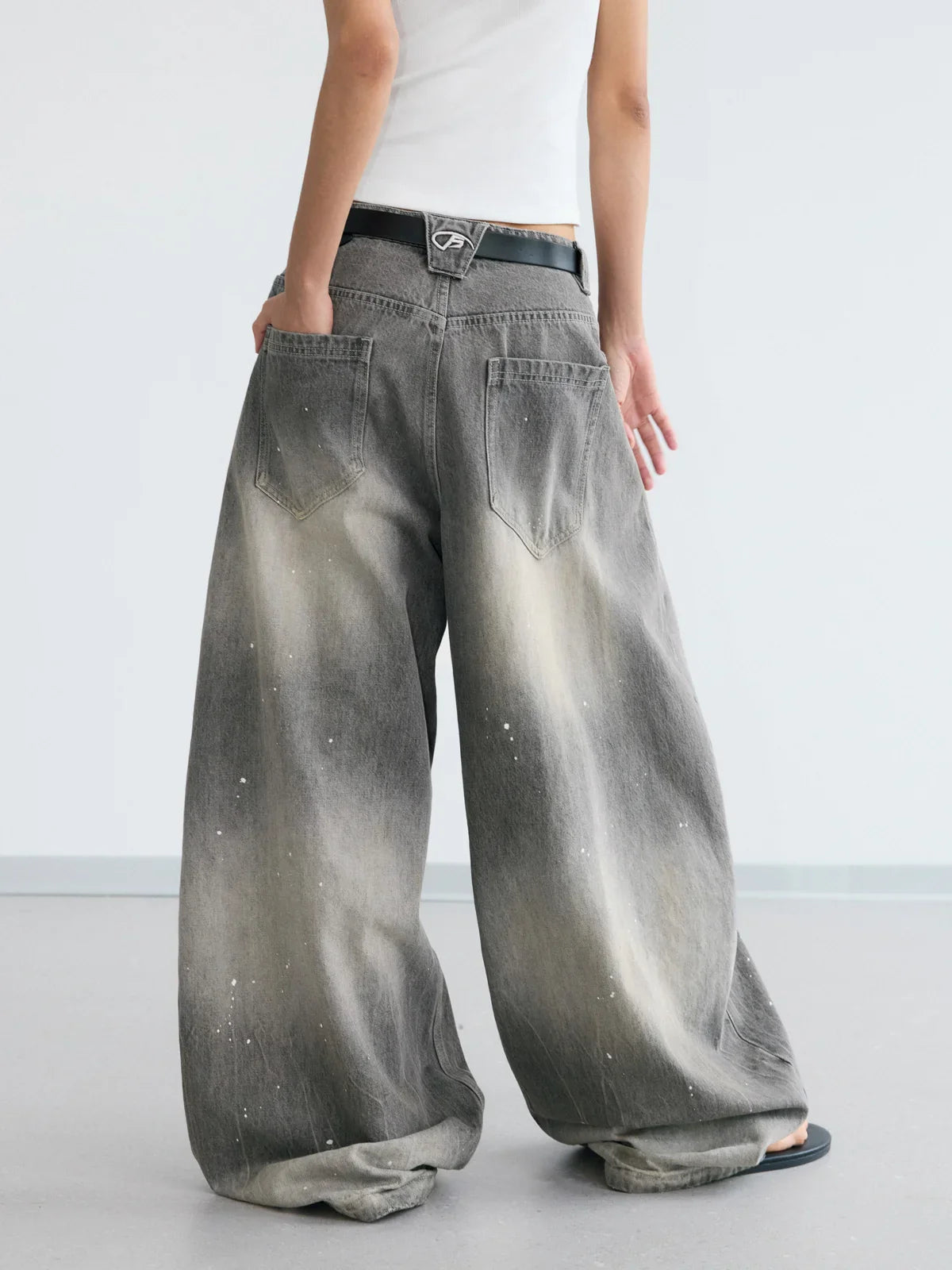 Vintage Ink-Splatter Grey Wide-Leg Jeans