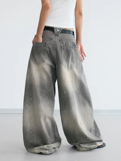 Vintage Ink-Splatter Grey Wide-Leg Jeans