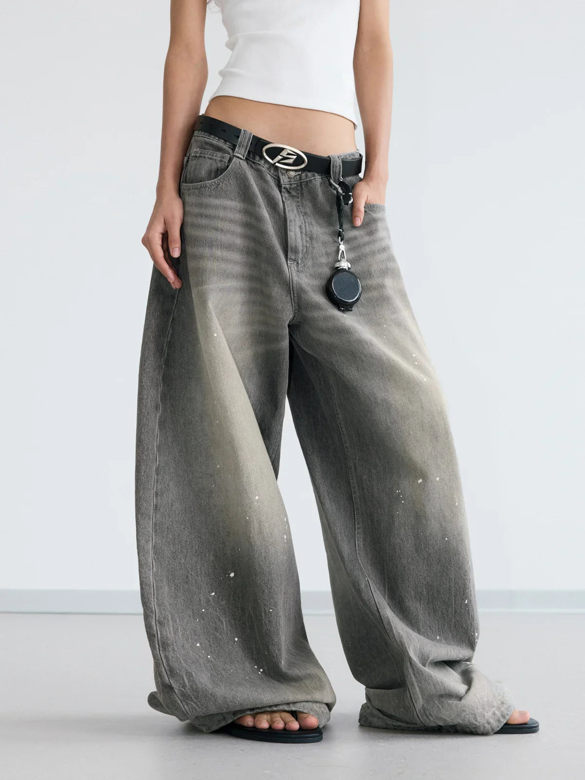Vintage Ink-Splatter Grey Wide-Leg Jeans