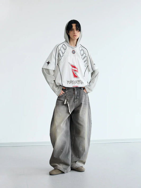 Vintage Ink-Splatter Grey Wide-Leg Jeans