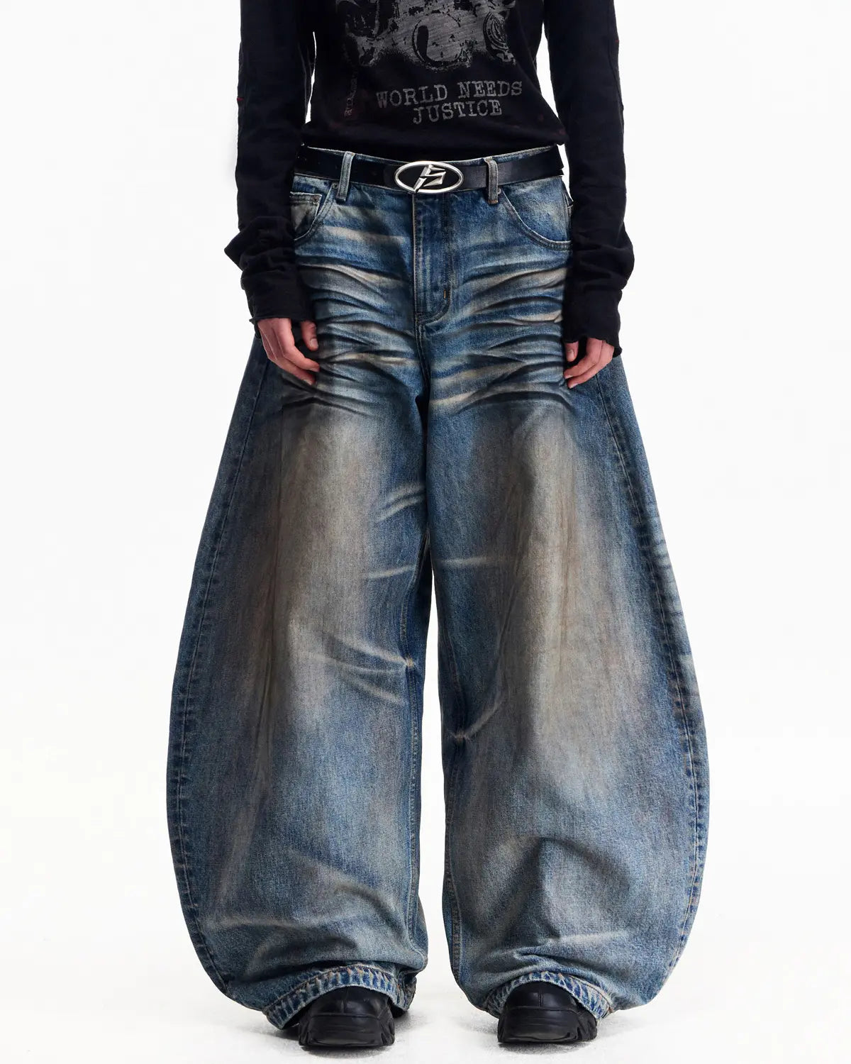 Washed Curved Jeans-BLUE