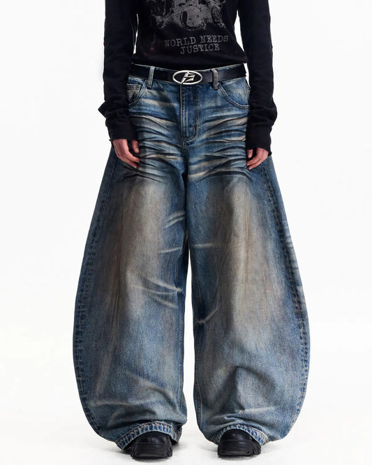 Washed Curved Jeans-BLUE