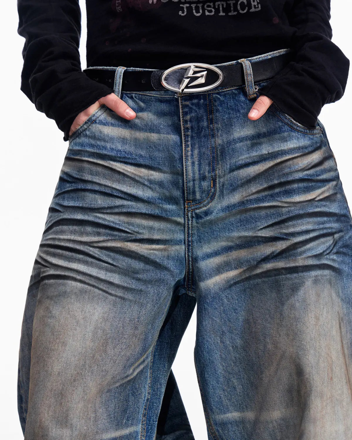 Washed Curved Jeans-BLUE