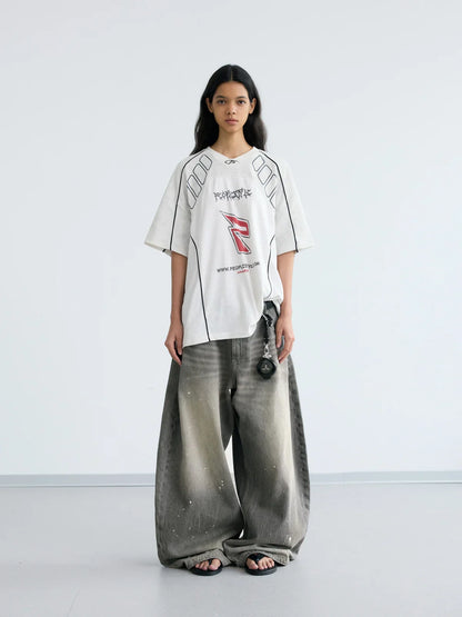 Vintage Ink-Splatter Grey Wide-Leg Jeans