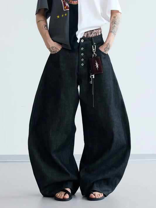 Black Raw Denim Jeans with Button Fly