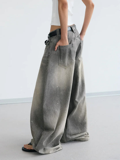 Vintage Ink-Splatter Grey Wide-Leg Jeans