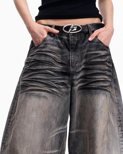 Washed Curved Jeans-GREY