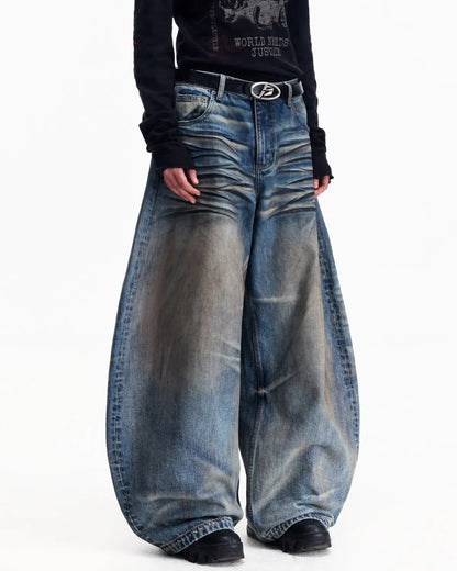 Washed Curved Jeans-BLUE