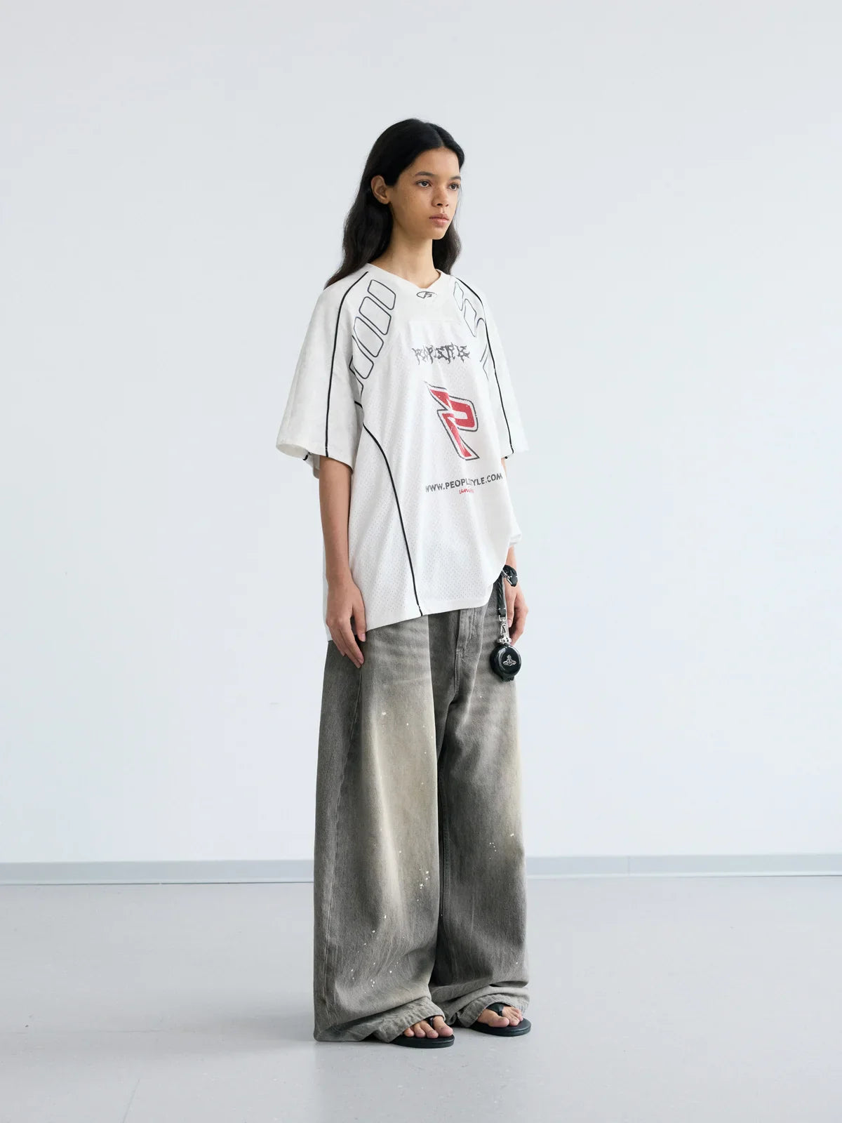 Vintage Ink-Splatter Grey Wide-Leg Jeans