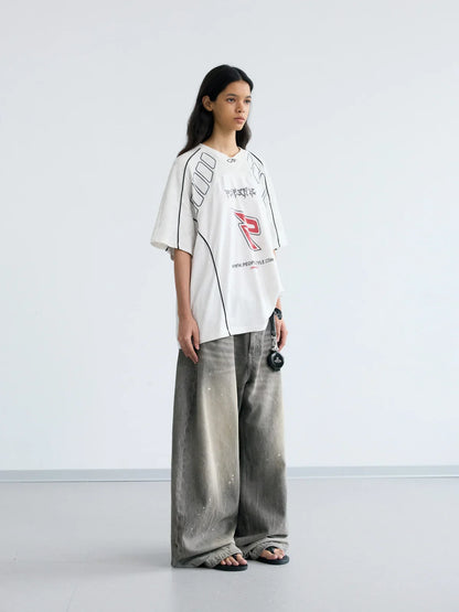 Vintage Ink-Splatter Grey Wide-Leg Jeans